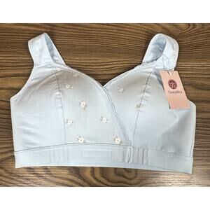 Fiona Bra Wireless Front Wrap Closure Wide Strap Blue Floral Comfort Large NEW